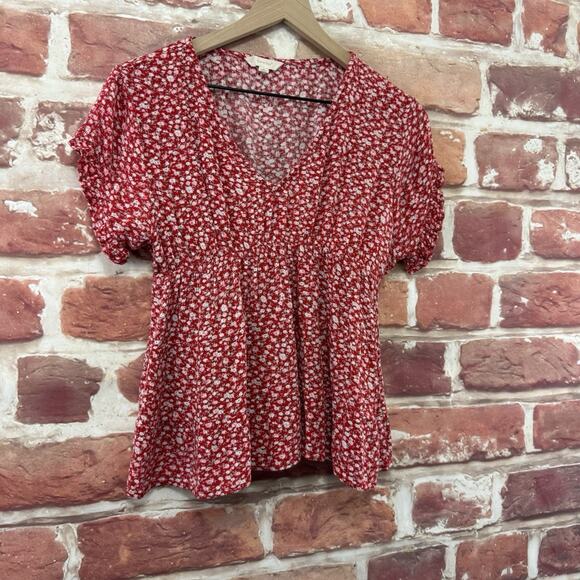 Sim & Sam Top Shirt Women's Large Red Multicolor Ditsy Floral Casual Popover - Picture 2 of 8